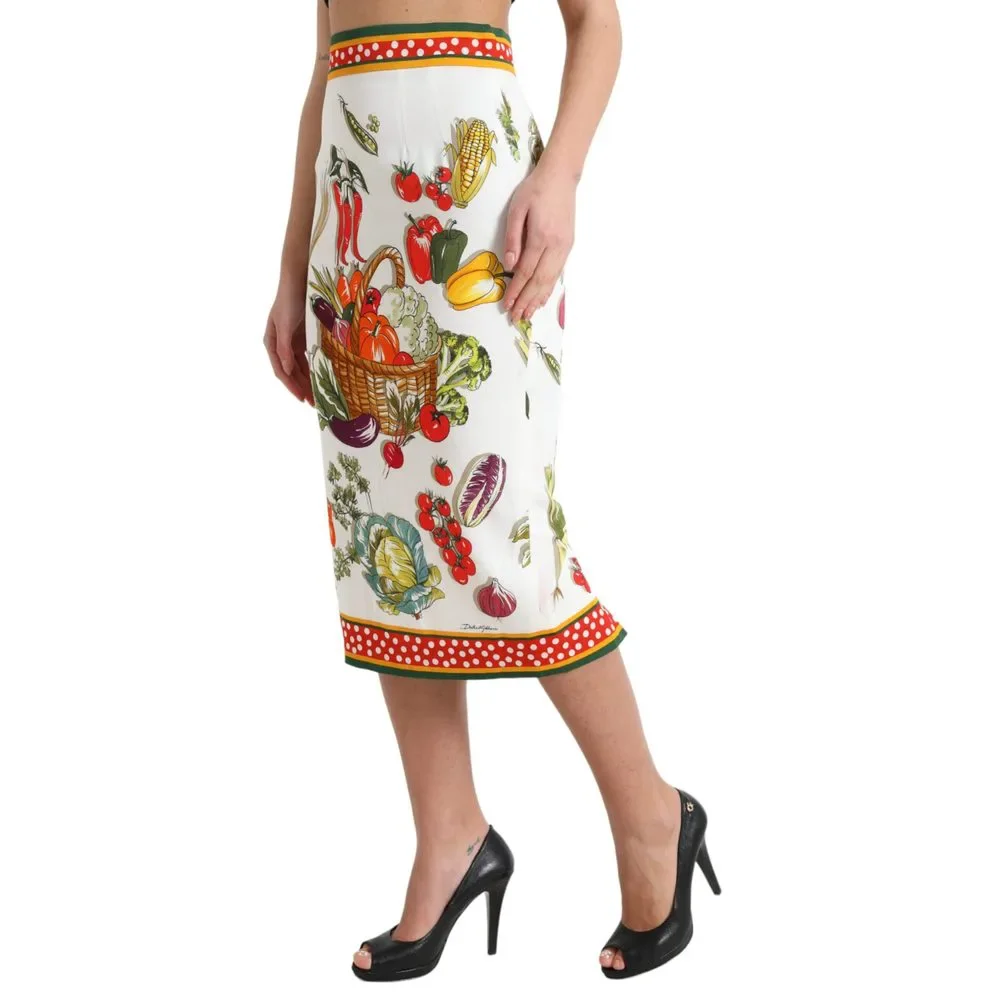 Dolce & Gabbana White Vegetable Print High Waist Midi Skirt - Picture 2 of 4